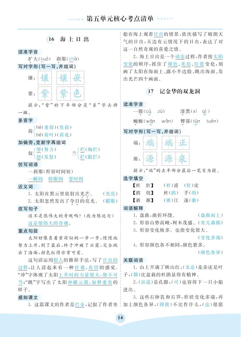 四年级语文下册第五单元核心考点清单-学习资料站