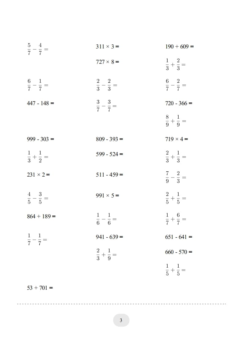 图片[3]-三年级数学上册口算题(【总复习】)1000题（人教版）-学习资料站