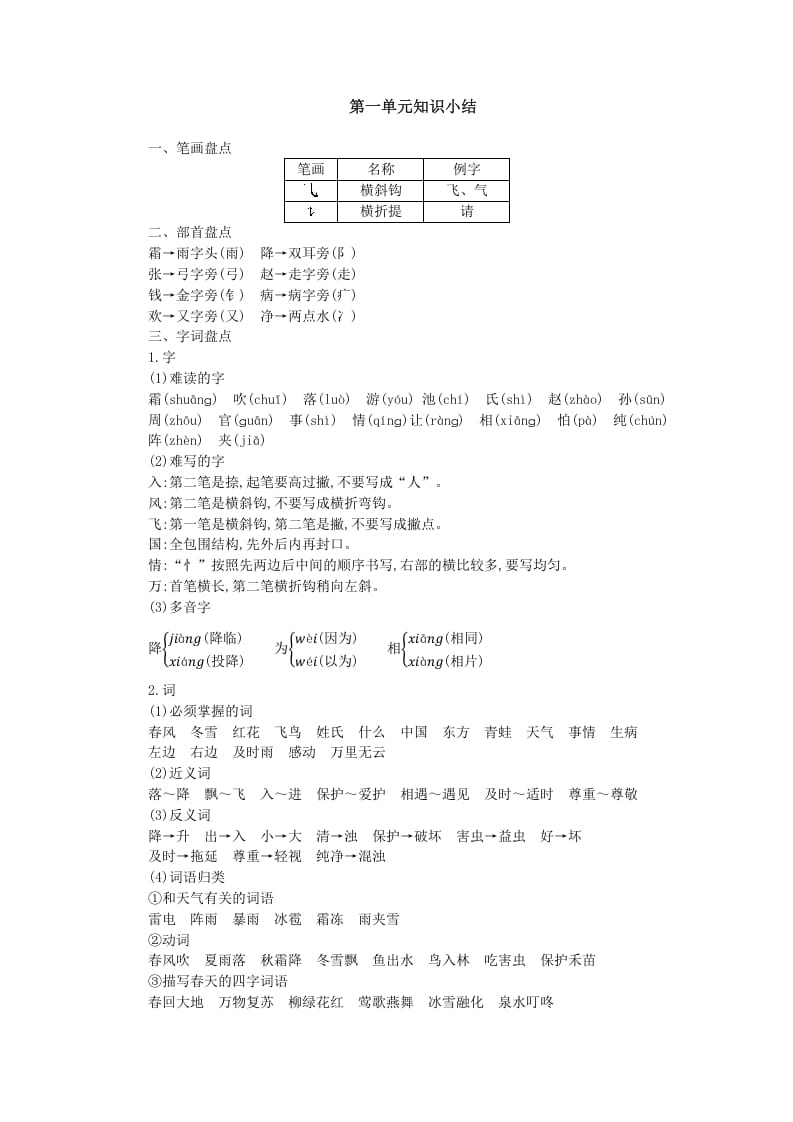 一年级语文下册第一单元知识小结-学习资料站