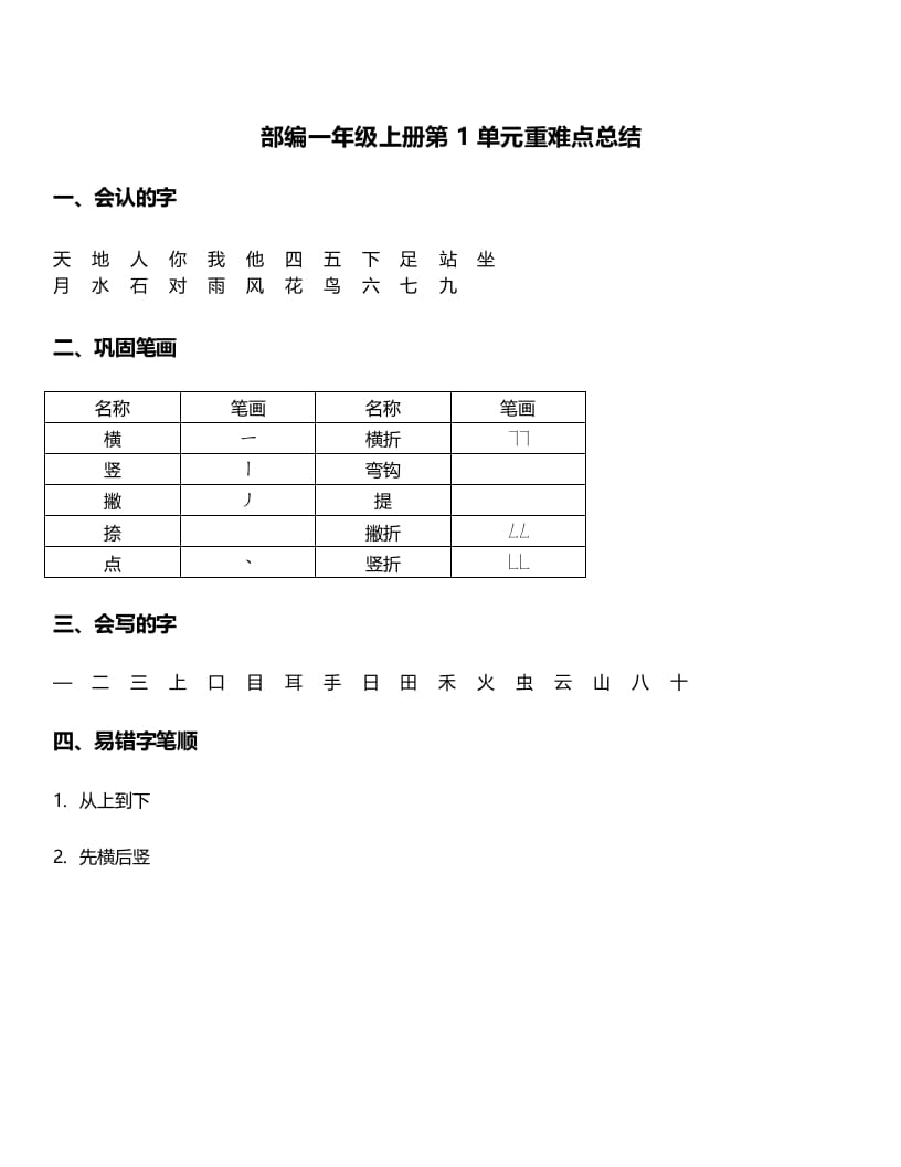 一年级语文上册-第1单元重难点知识总结（部编版）-学习资料站