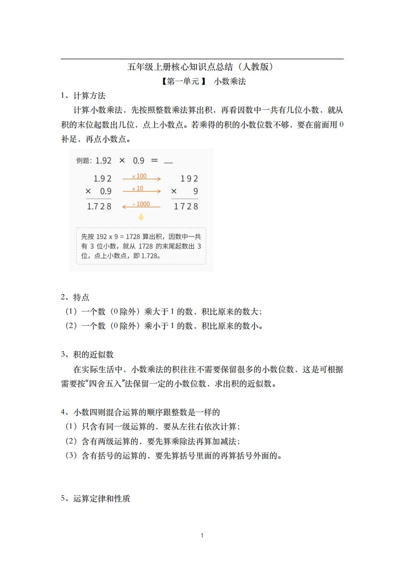 五年级数学上册-核心知识点总结（人教版）-学习资料站