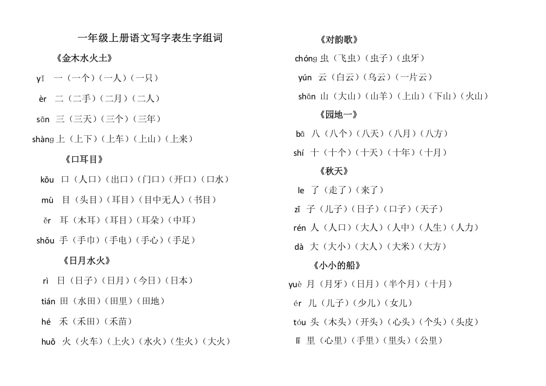 一年级语文上册上写字表生字组词（部编版）-学习资料站