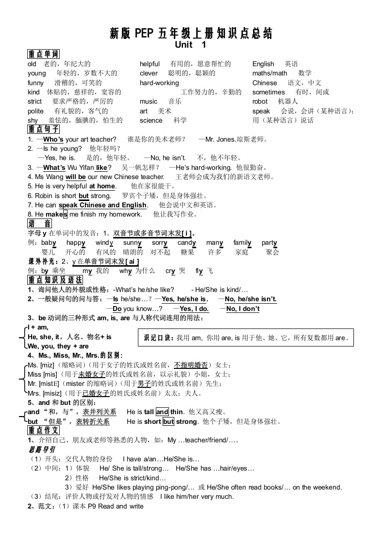 五年级英语上册PEP五年级英语知识点总结（人教版PEP）-学习资料站
