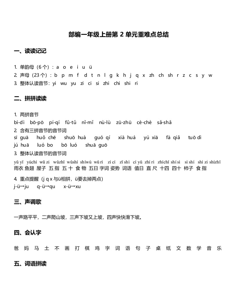 一年级语文上册-第2单元重难点知识总结（部编版）-学习资料站