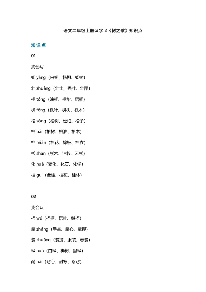 二年级语文上册5识字2《树之歌》知识点（部编）-学习资料站