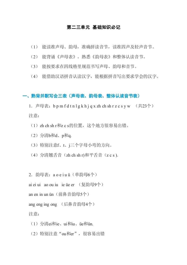 一年级语文上册第2、3单元基础知识必记（部编版）-学习资料站
