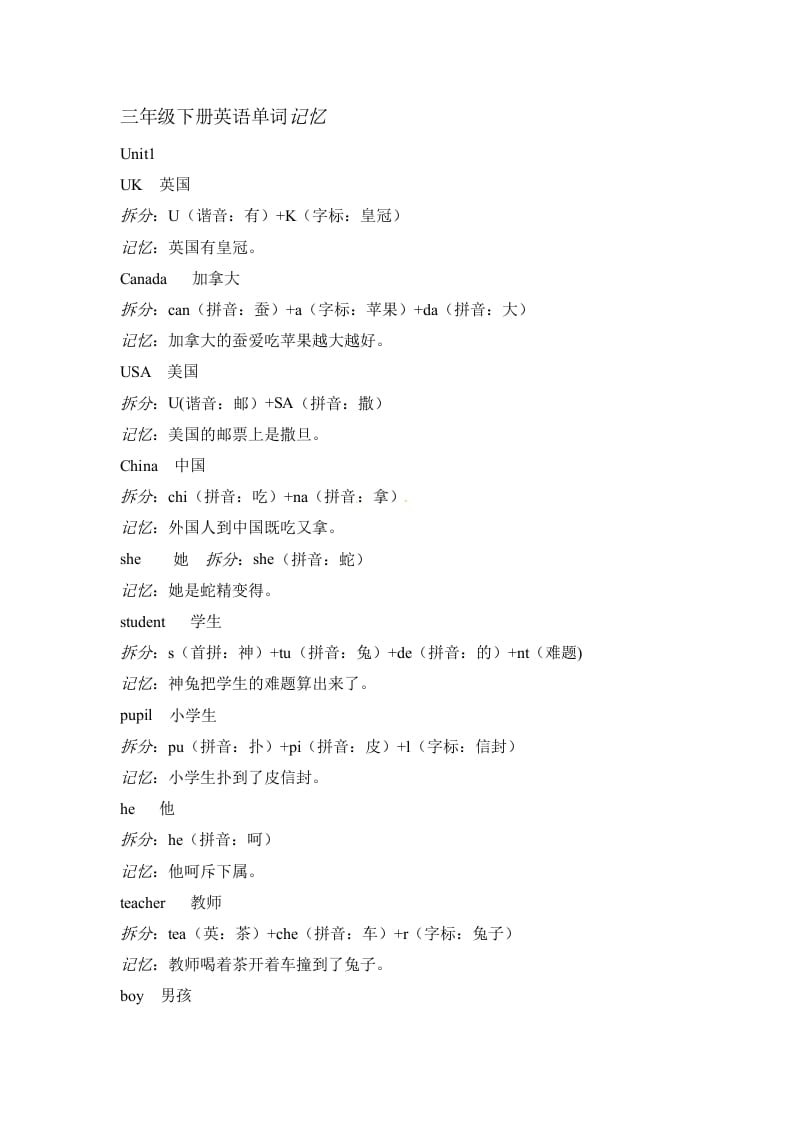 三年级英语下册素材-单词趣味记忆法｜人教（PEP）-学习资料站