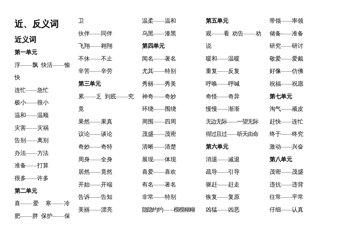 二年级语文上册近反义词汇总（部编）-学习资料站