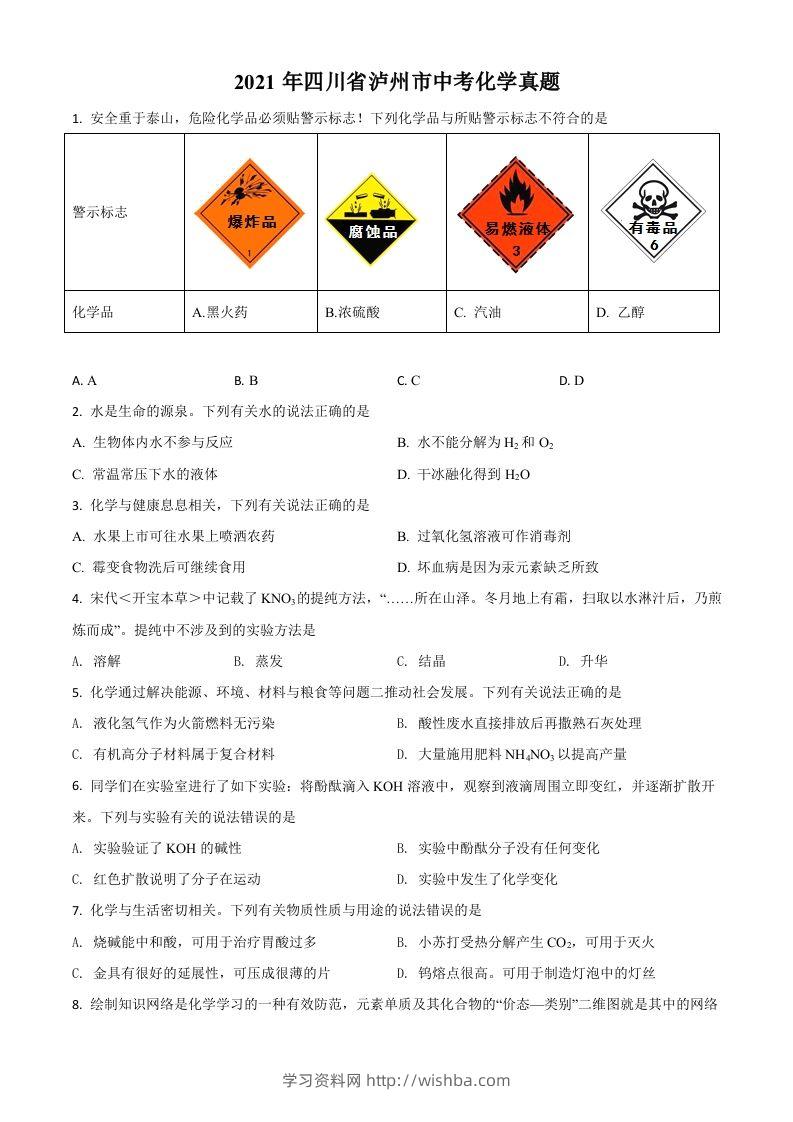 四川省泸州市2021年中考化学试题（空白卷）-学习资料站