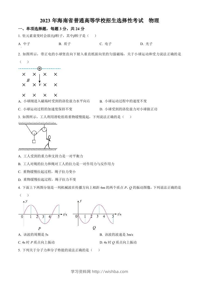 2023年高考物理试卷（海南）（空白卷）-学习资料站