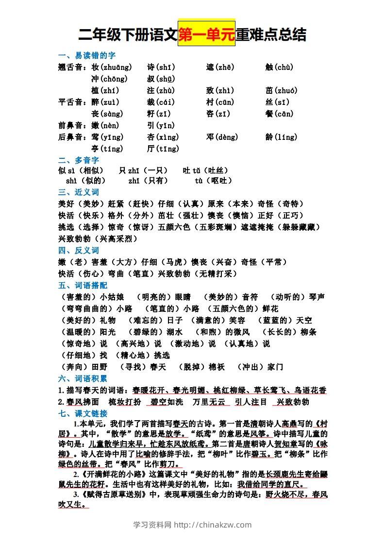二下语文全册知识点-学习资料站