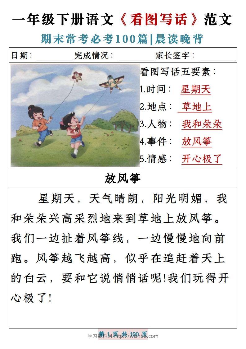 一年级下册语文《看图写话》范文期末常考必考100篇-学习资料站