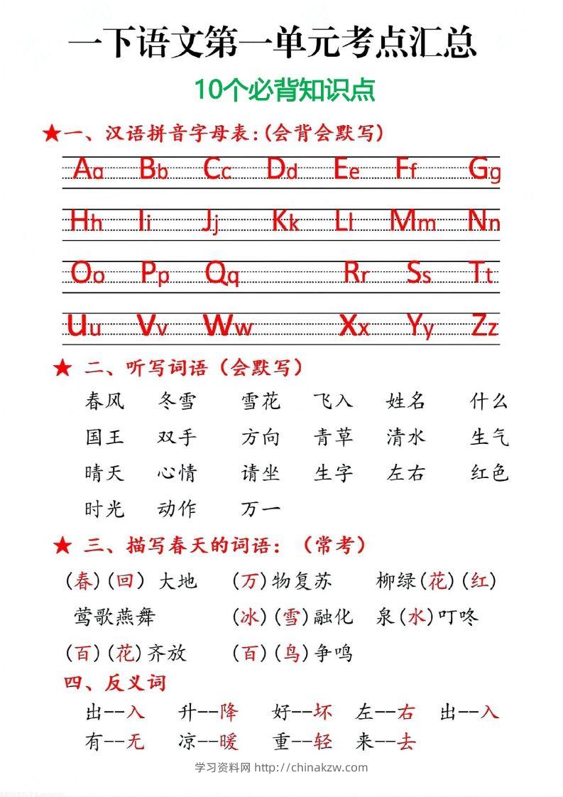一下语文第一单元10个必备知识点-学习资料站