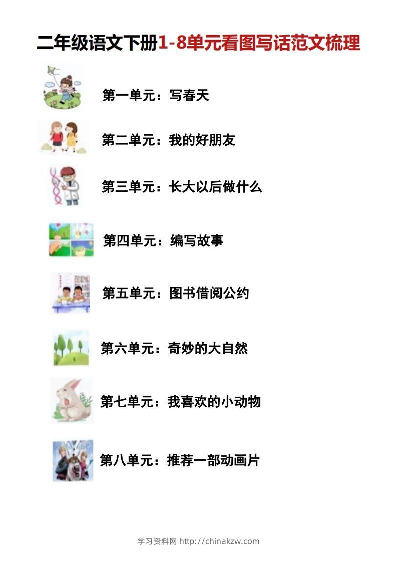 二年级语文下册1-8单元看图写话范文梳理-学习资料站