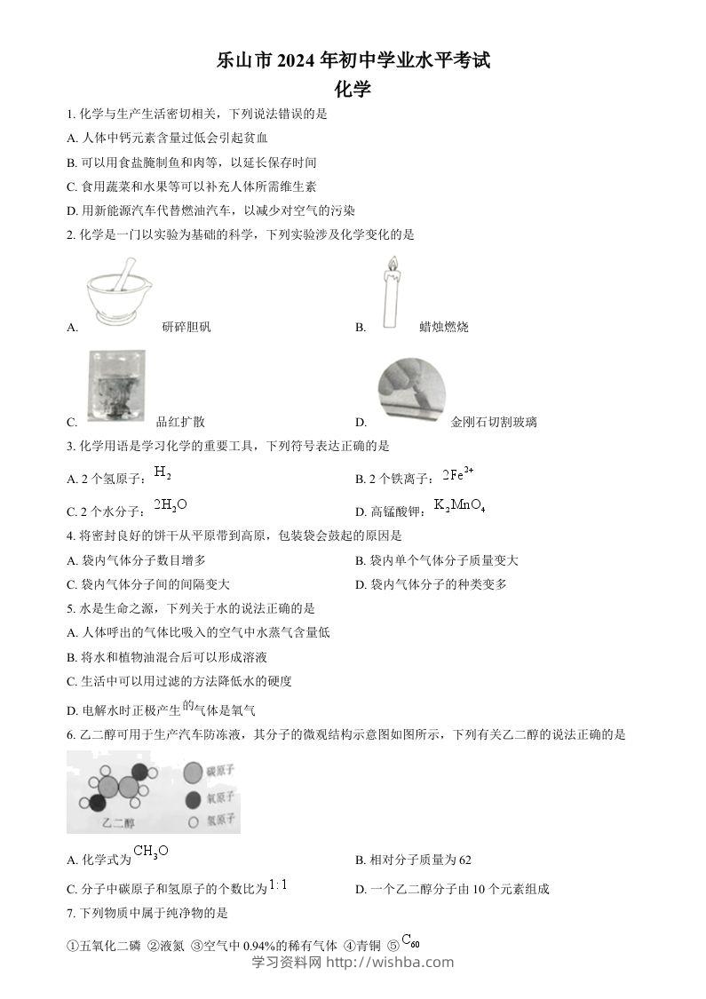 2024年四川省乐山市中考化学真题（空白卷）-学习资料站