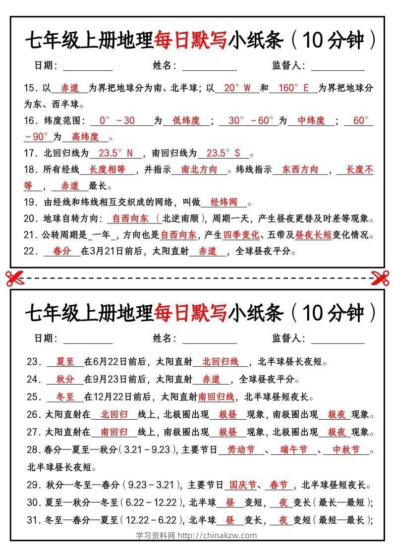 图片[2]-七年级上册地理每日默写小纸条（10分钟）-学习资料站