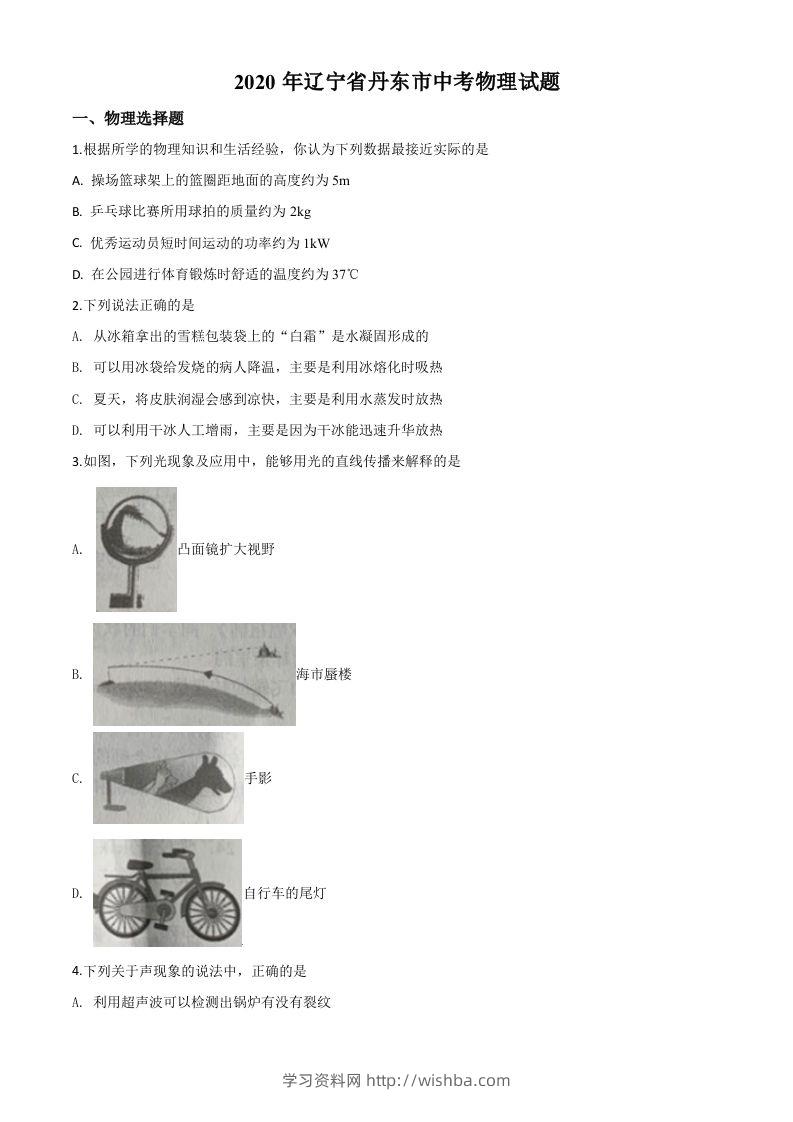 2020年辽宁省丹东市中考物理试题（空白卷）-学习资料站