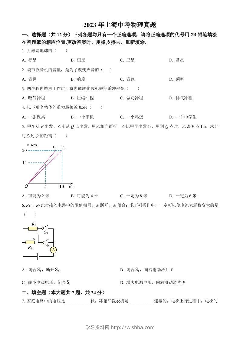 2023年上海市中考物理试题（空白卷）-学习资料站
