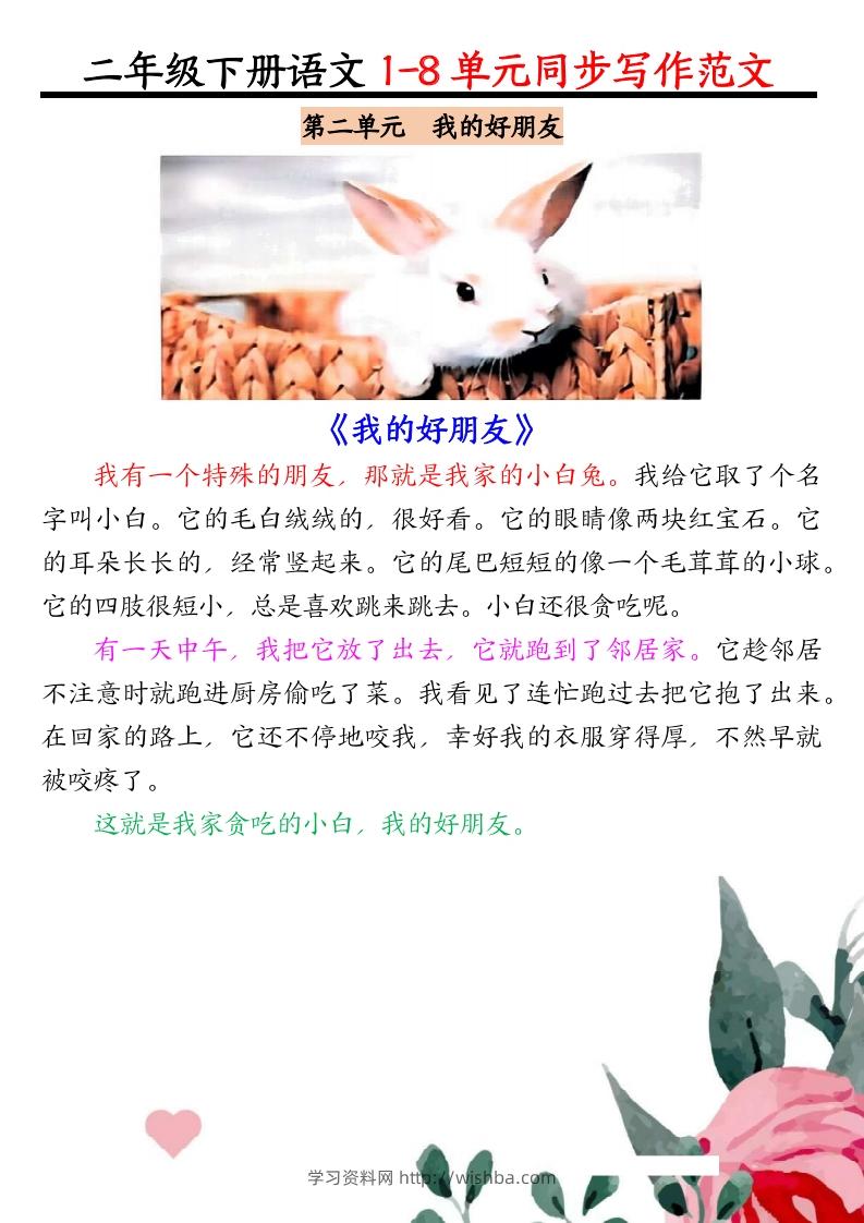 图片[2]-二下语文1-8单元同步作文范文7页-学习资料站
