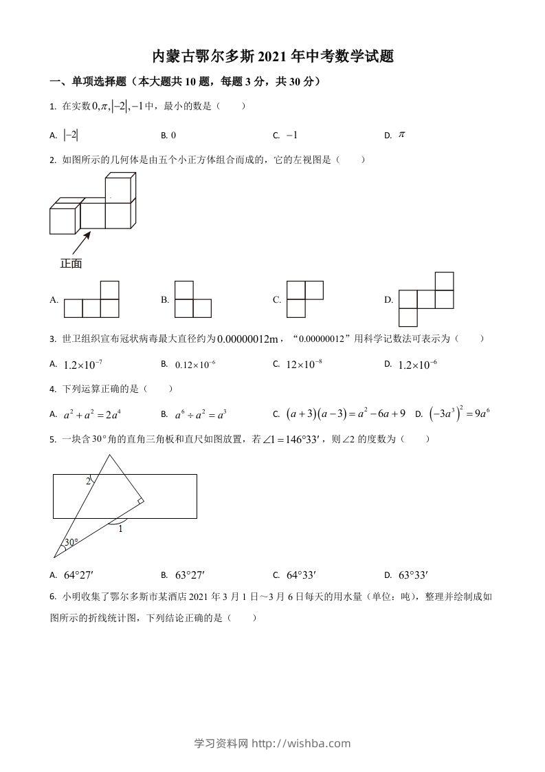 内蒙古鄂尔多斯2021年中考数学试题（空白卷）-学习资料站