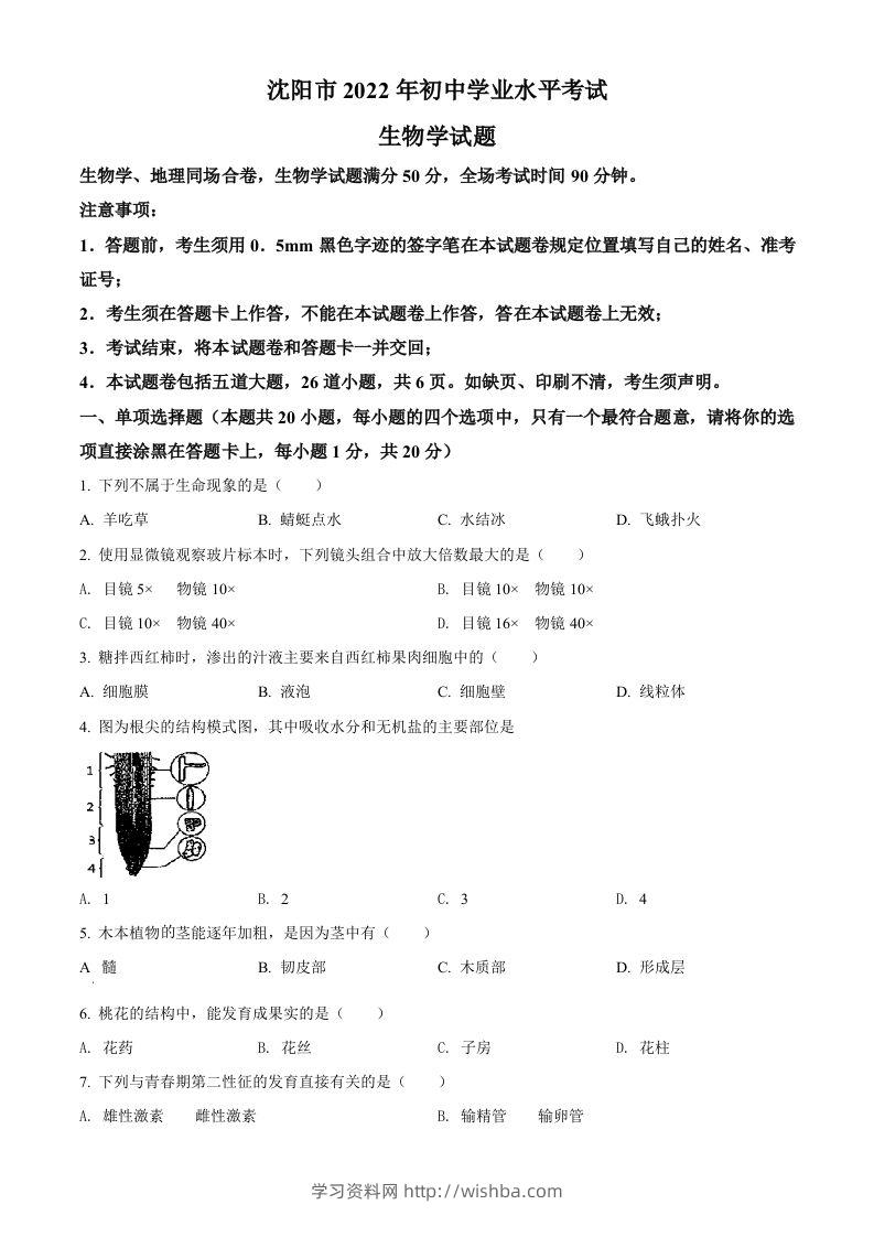 2022年辽宁省沈阳市生物中考真题（空白卷）-学习资料站