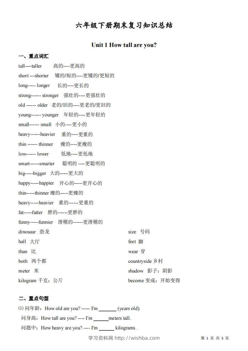 【知识点】六下人教版PEP英语期末复习知识总结-学习资料站