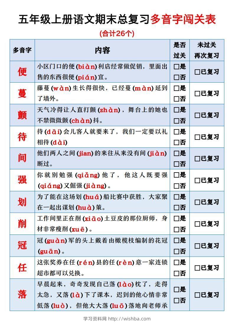 【期末总复习闯关表】五上语文-学习资料站