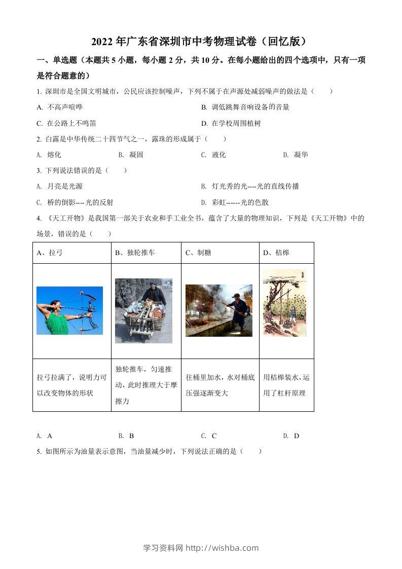 2022年广东省深圳市中考物理试题（空白卷）-学习资料站