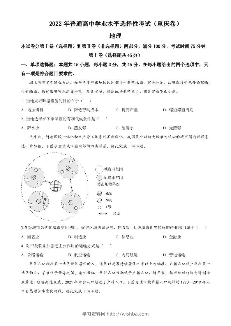 2022年高考地理试卷（重庆）（空白卷）-学习资料站