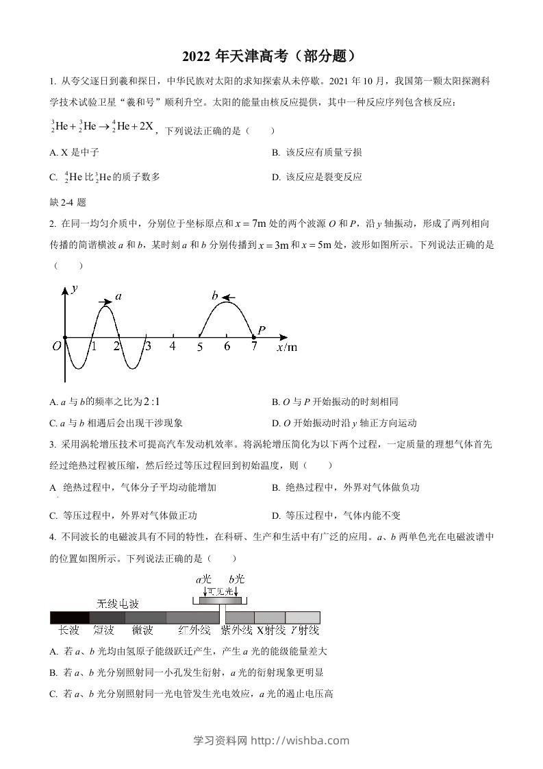 2022年高考物理试卷（天津）（缺第2-4题）（空白卷）-学习资料站