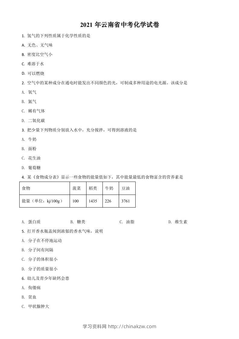 云南省2021年中考化学试题（空白卷）-学习资料站