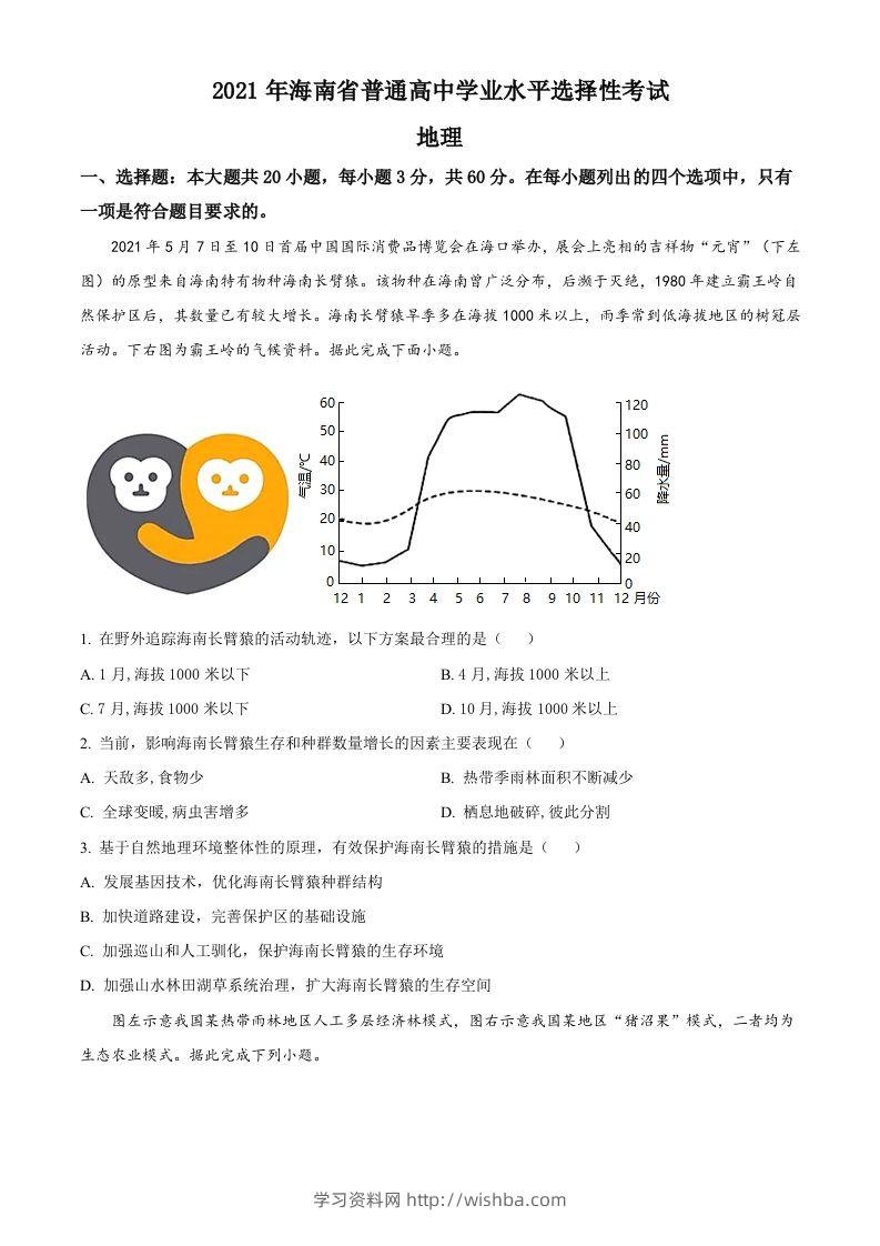 2021年高考地理试卷（海南）（空白卷）-学习资料站