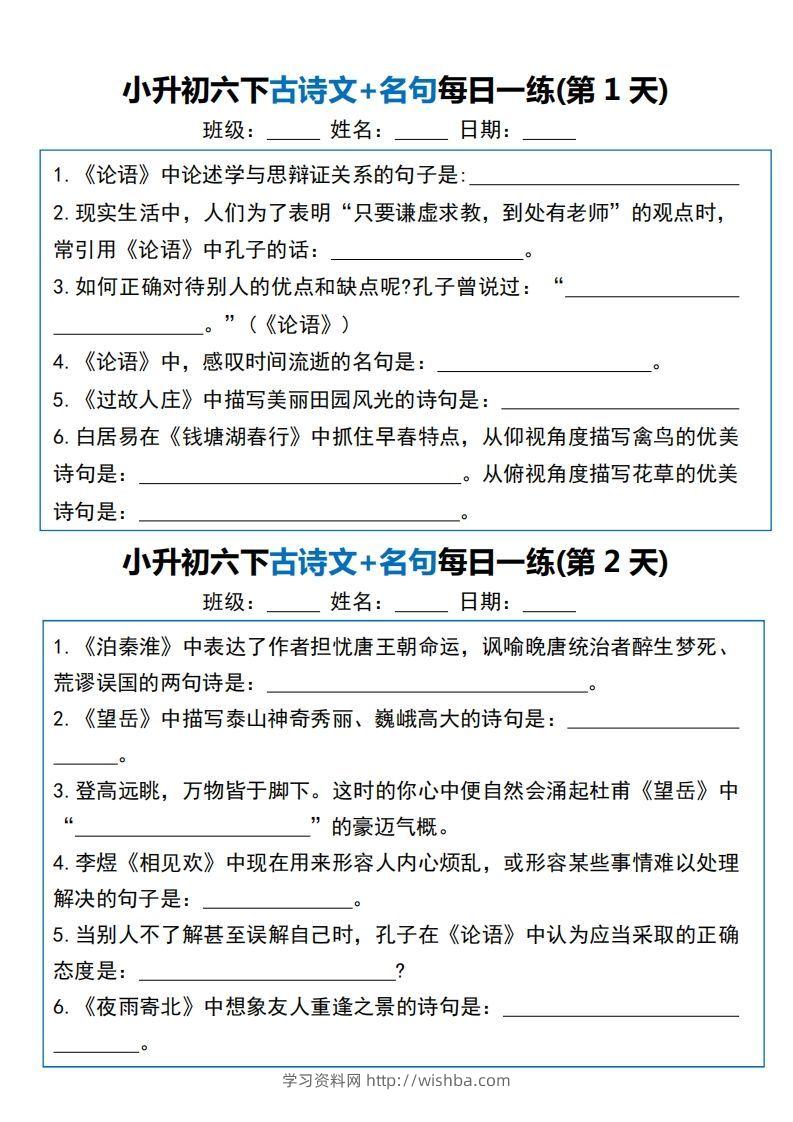 小升初六下语文古诗文+名句每日一练20天（20页）-学习资料站