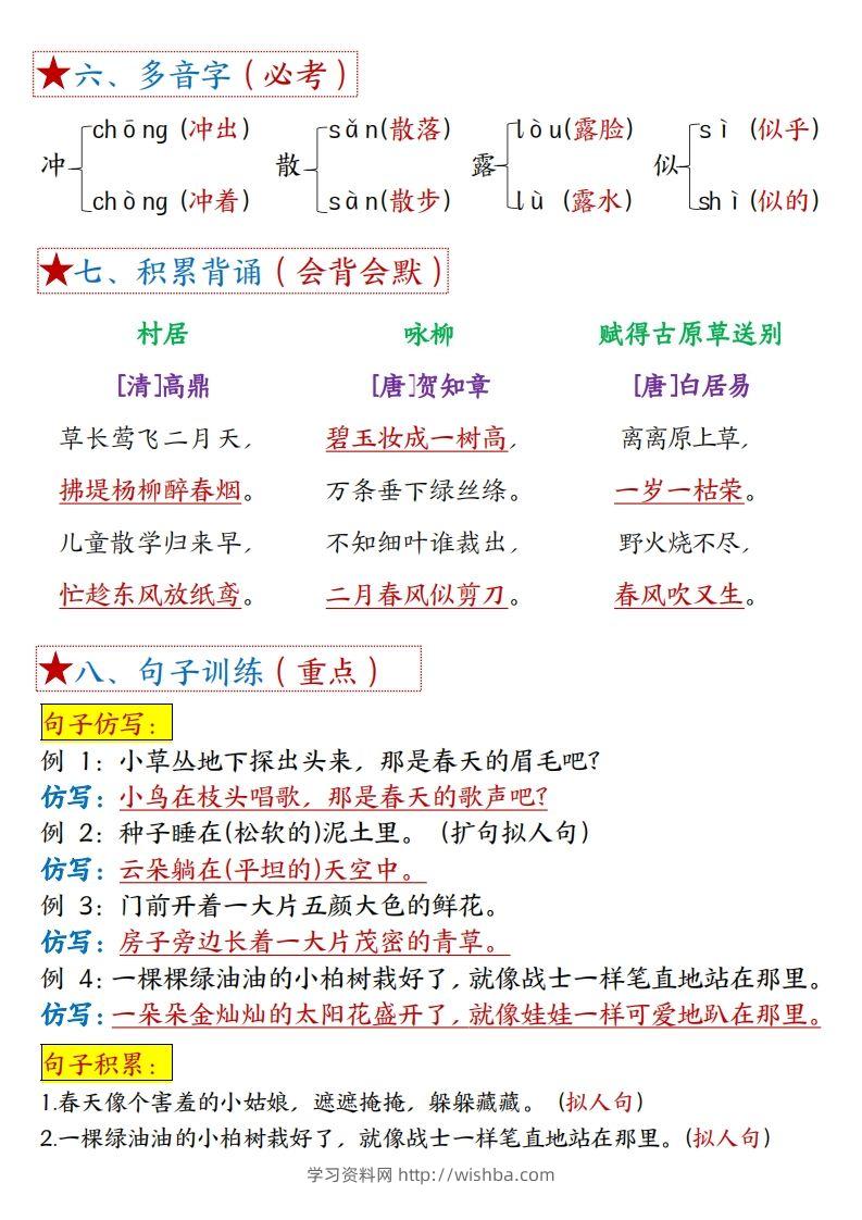 图片[2]-二下语文【考点】总结（8个必背知识点+练习）42页-学习资料站