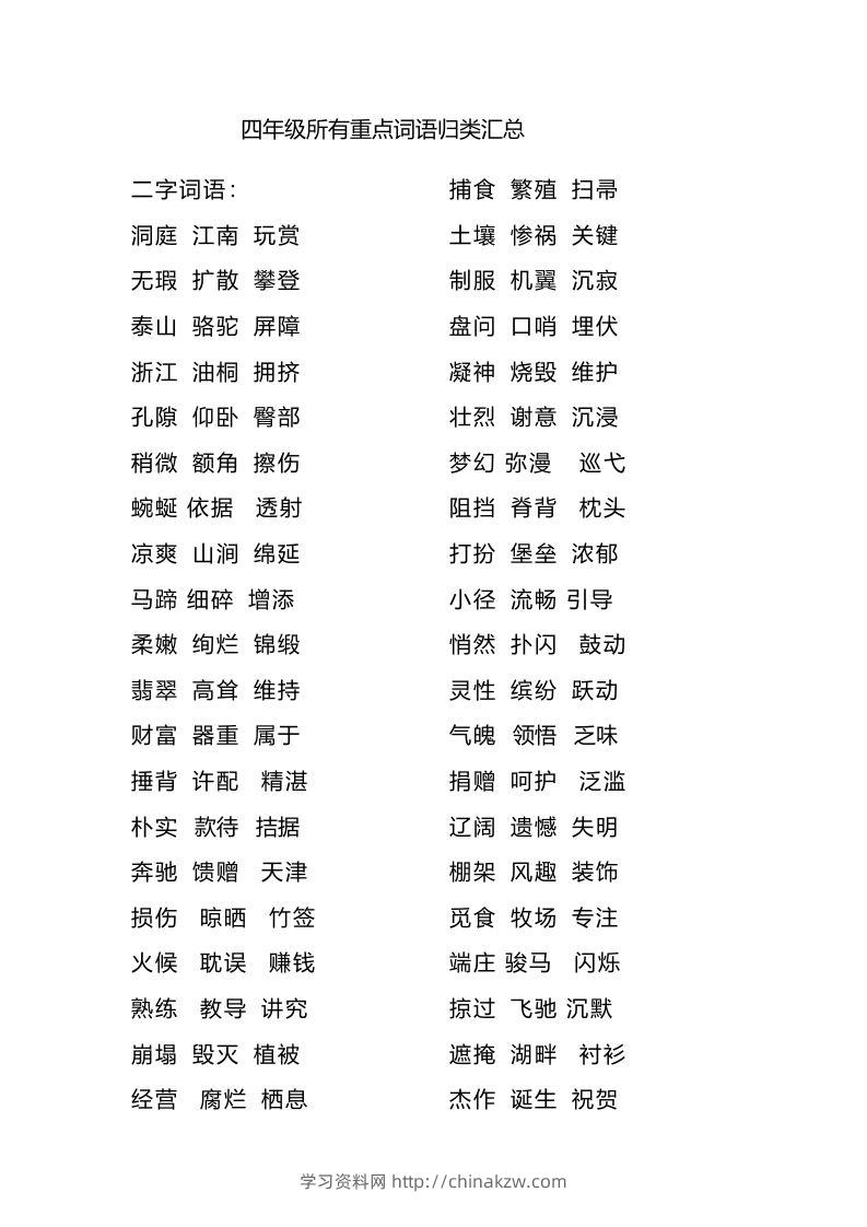 四（上）语文重点词语归类汇总-学习资料站
