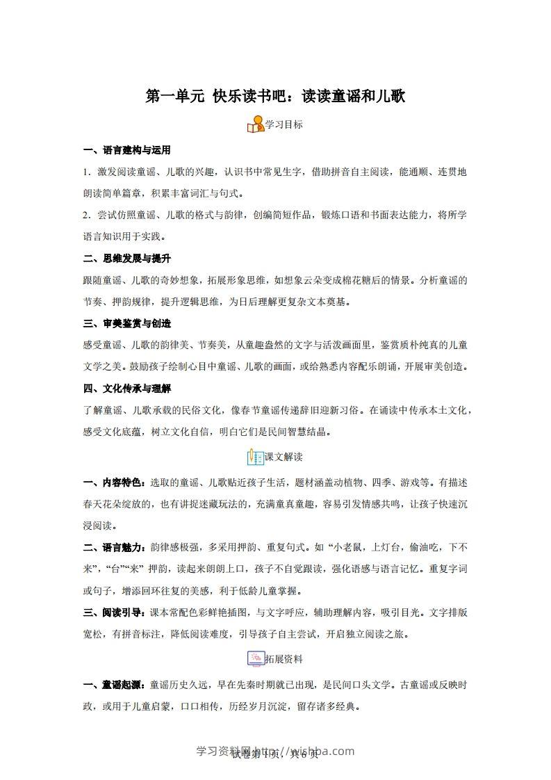 【同步练习】语文一年级下册第一单元快乐读书吧：读读童谣和儿歌练习卷-学习资料站