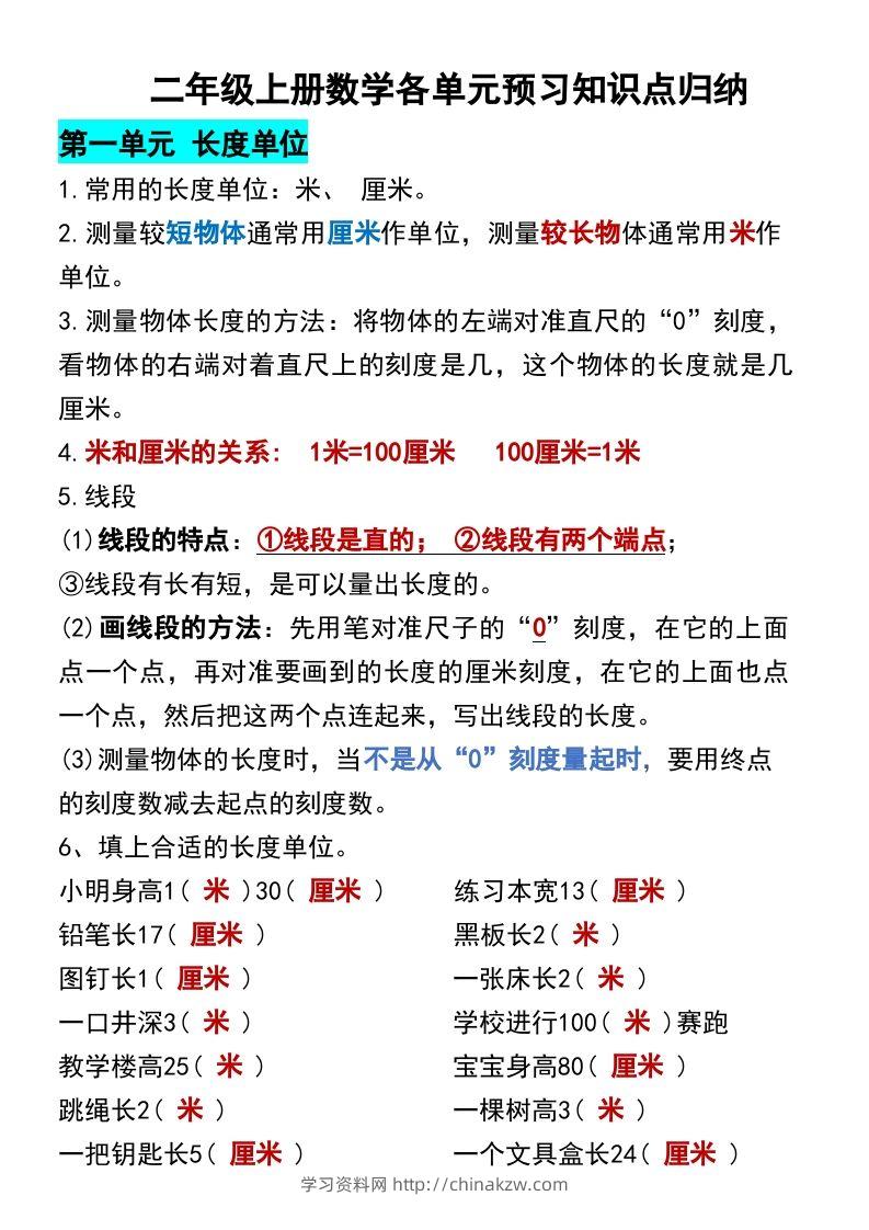 二年级上册数学各单元预习知识点归纳-学习资料站