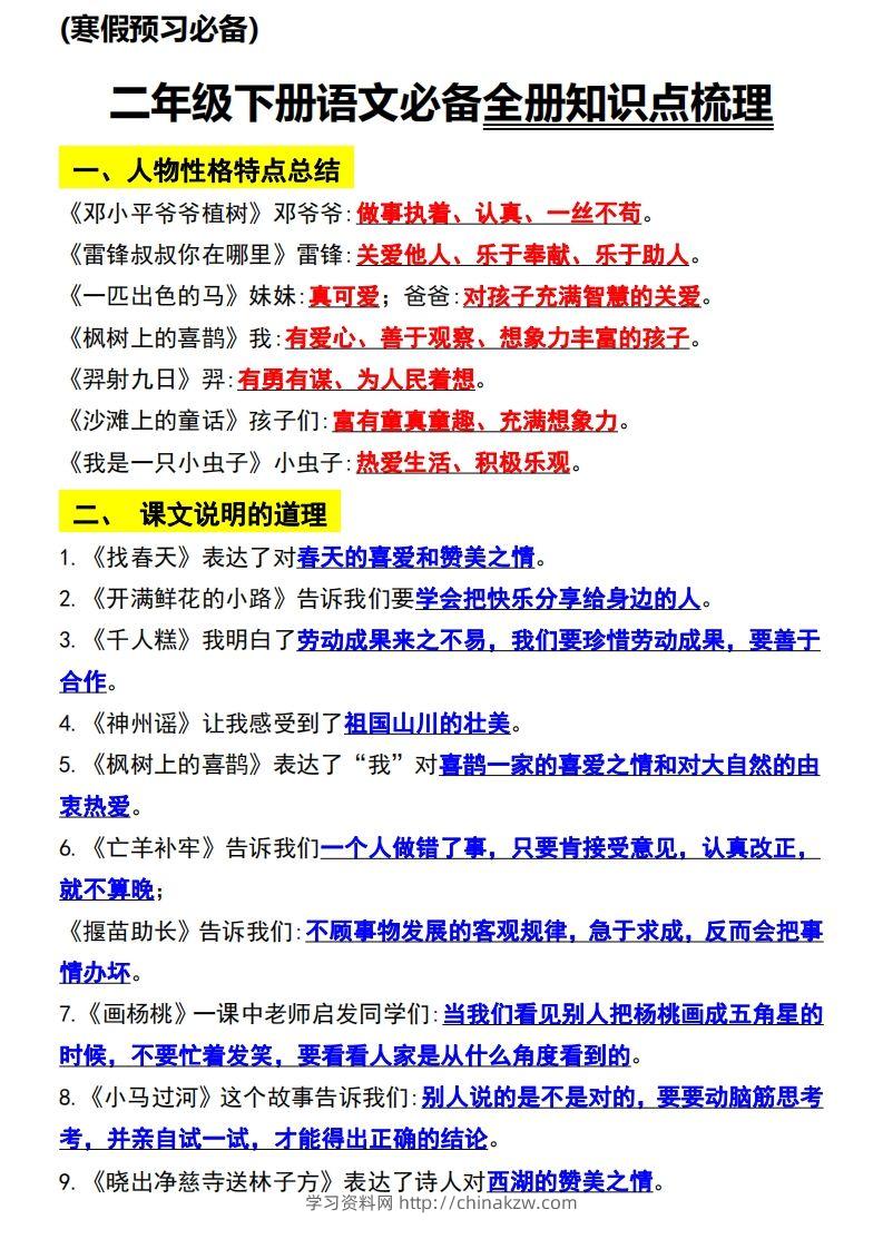 二年级语文下册知识点归纳总复习-学习资料站