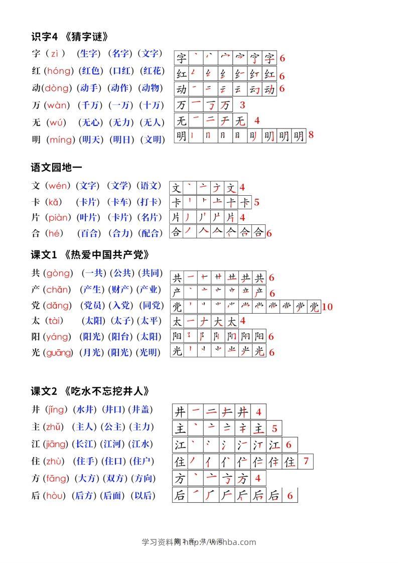 图片[2]-新版一下语文生字笔顺拼音组词（课课贴课本贴）10页-学习资料站