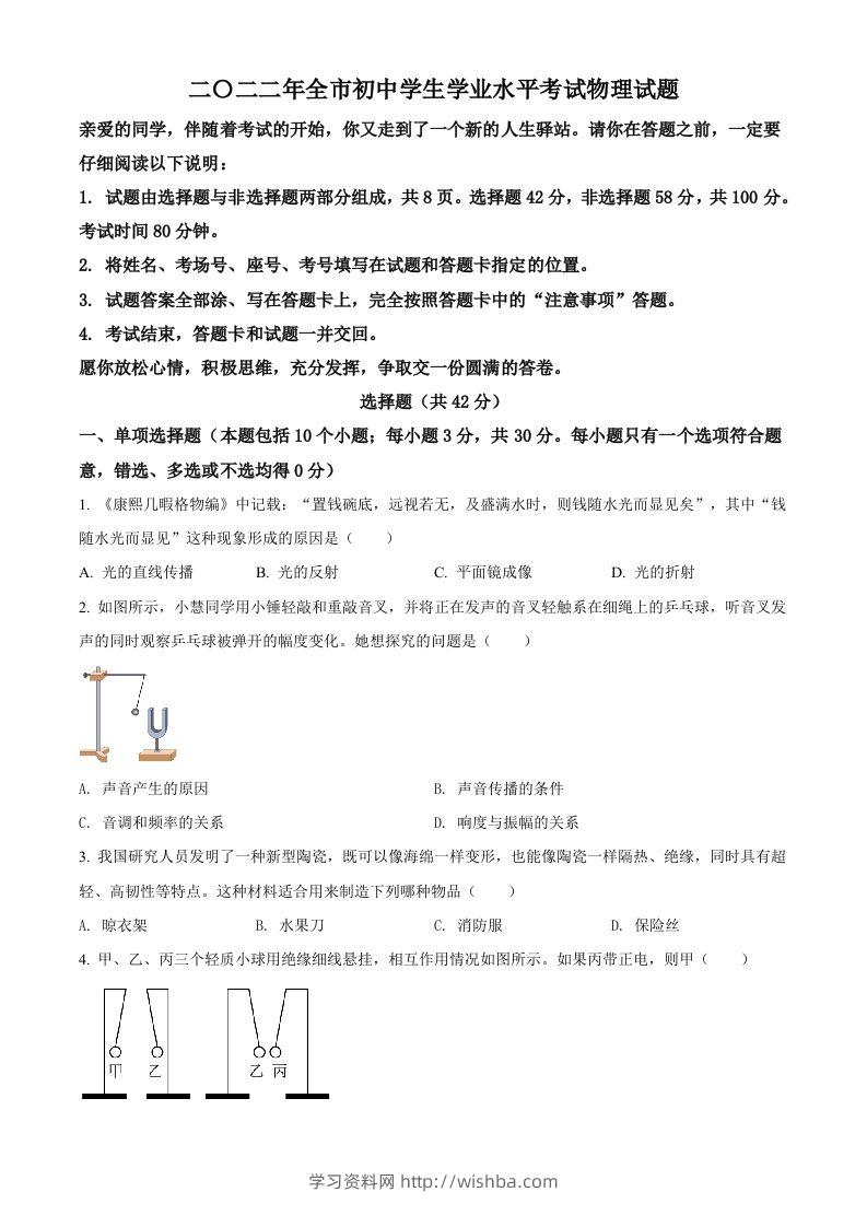2022年山东省聊城市中考物理试题（空白卷）-学习资料站