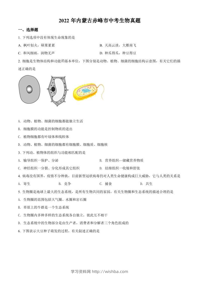 2022年内蒙古赤峰市中考生物真题（空白卷）-学习资料站
