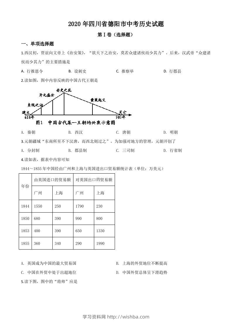 四川省德阳市2020年中考历史试题（空白卷）-学习资料站