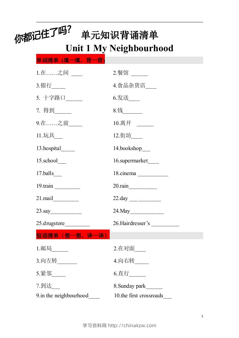 ❤四年级英语下册单元知识背诵清单Unit1MyNeighbourhood人教新起点（含答案）-学习资料站