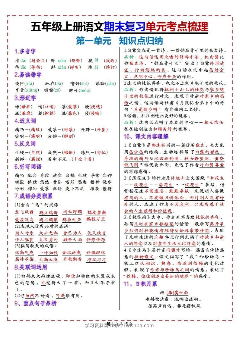 【期末复习1-8单元考点梳理】五上语文-学习资料站