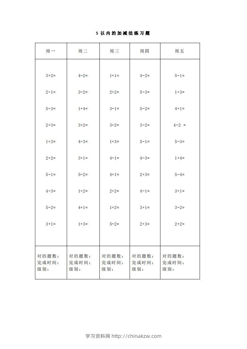 【数学】一（上）5、10、20以内口算天天练大全-学习资料站