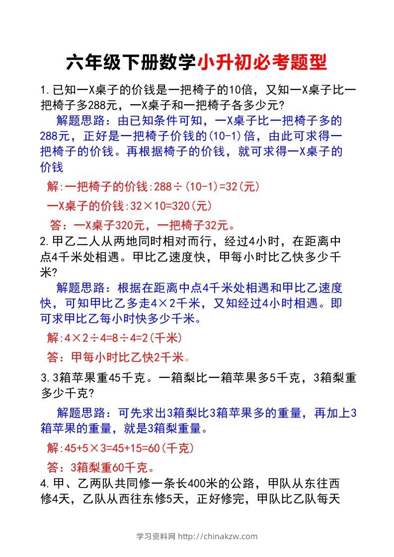 六年级下册数学小升初必考题型(答案)-学习资料站