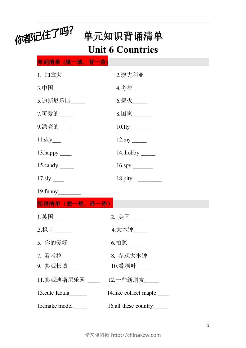 ❤四年级英语下册单元知识背诵清单Unit6Countries人教新起点（含答案）-学习资料站