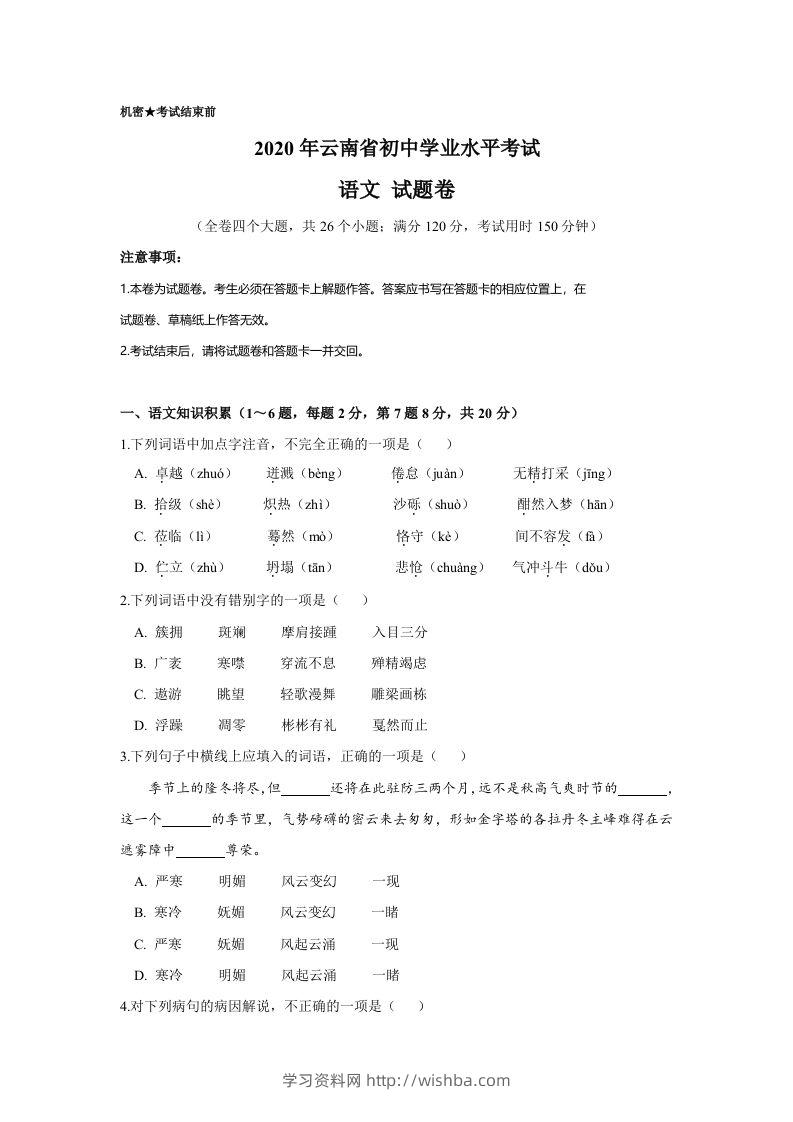 云南省2020年中考语文真题试卷（含答案）-学习资料站