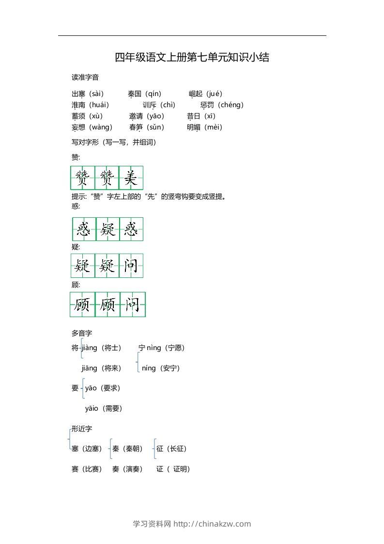 四（上）语文第七单元知识重点-学习资料站