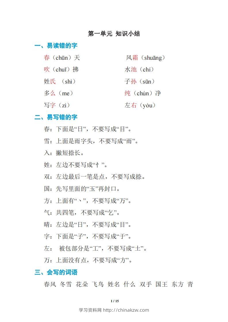 语文一年级下册期中复习知识要点-学习资料站